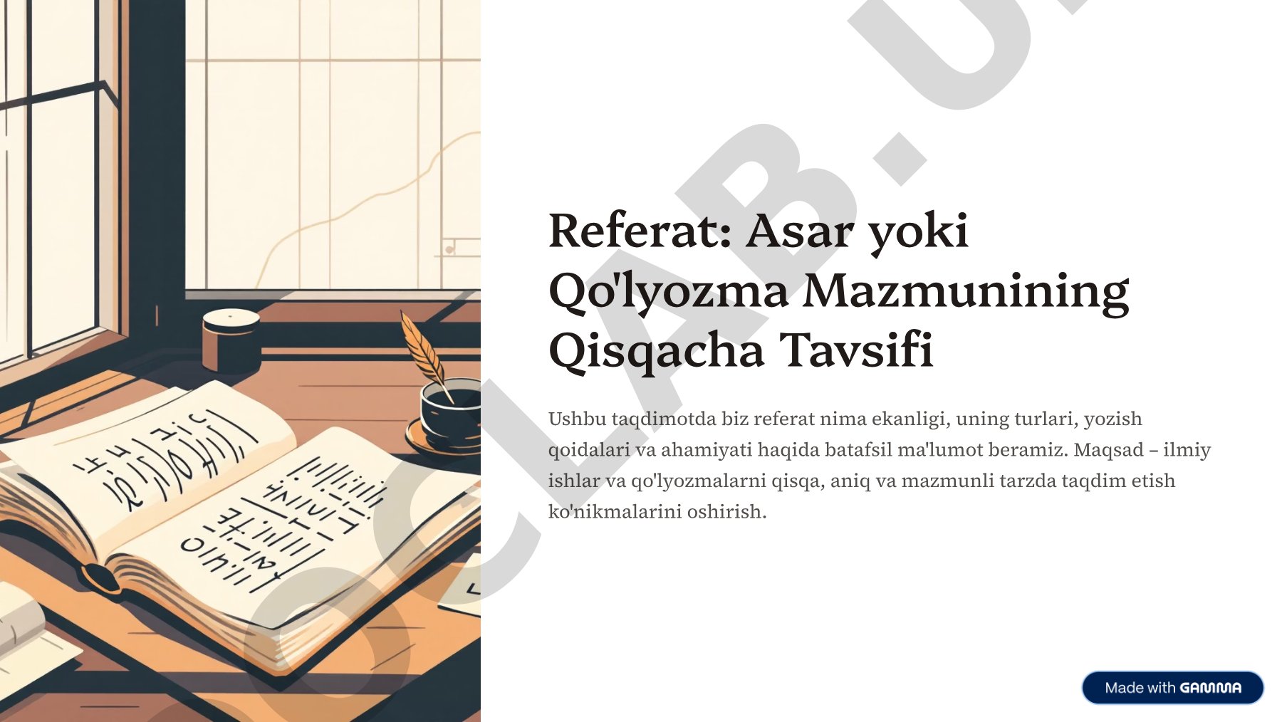 Asar yoki Qo'lyozma Mazmunining Qisqacha Tavsifi