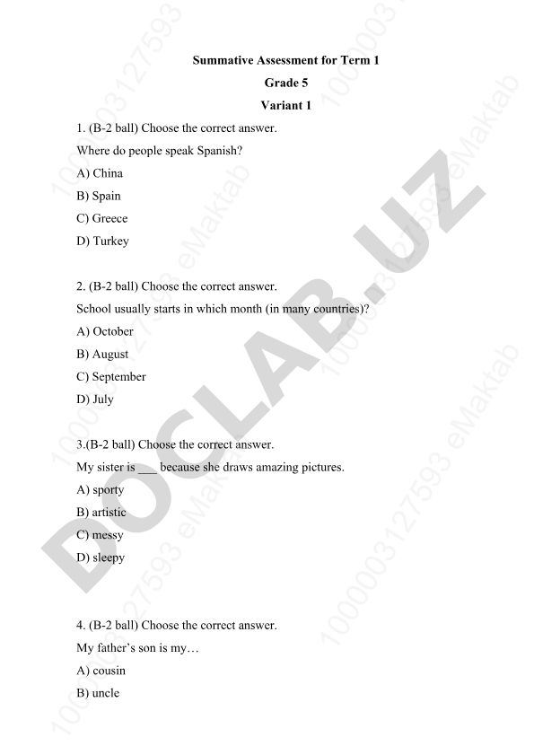 5-sinf 1-chorak summative baholash testi