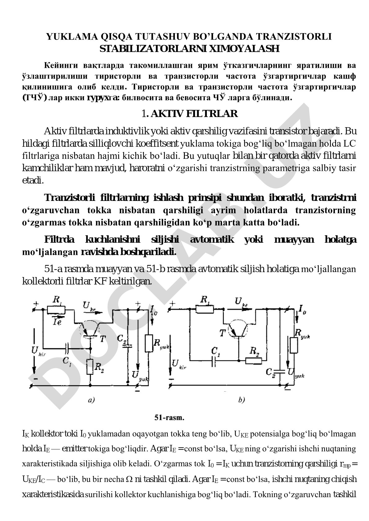 Yuklama qisqa tutashuv bo‘lganda tranzistorli stabilizatorlarni himoyalash