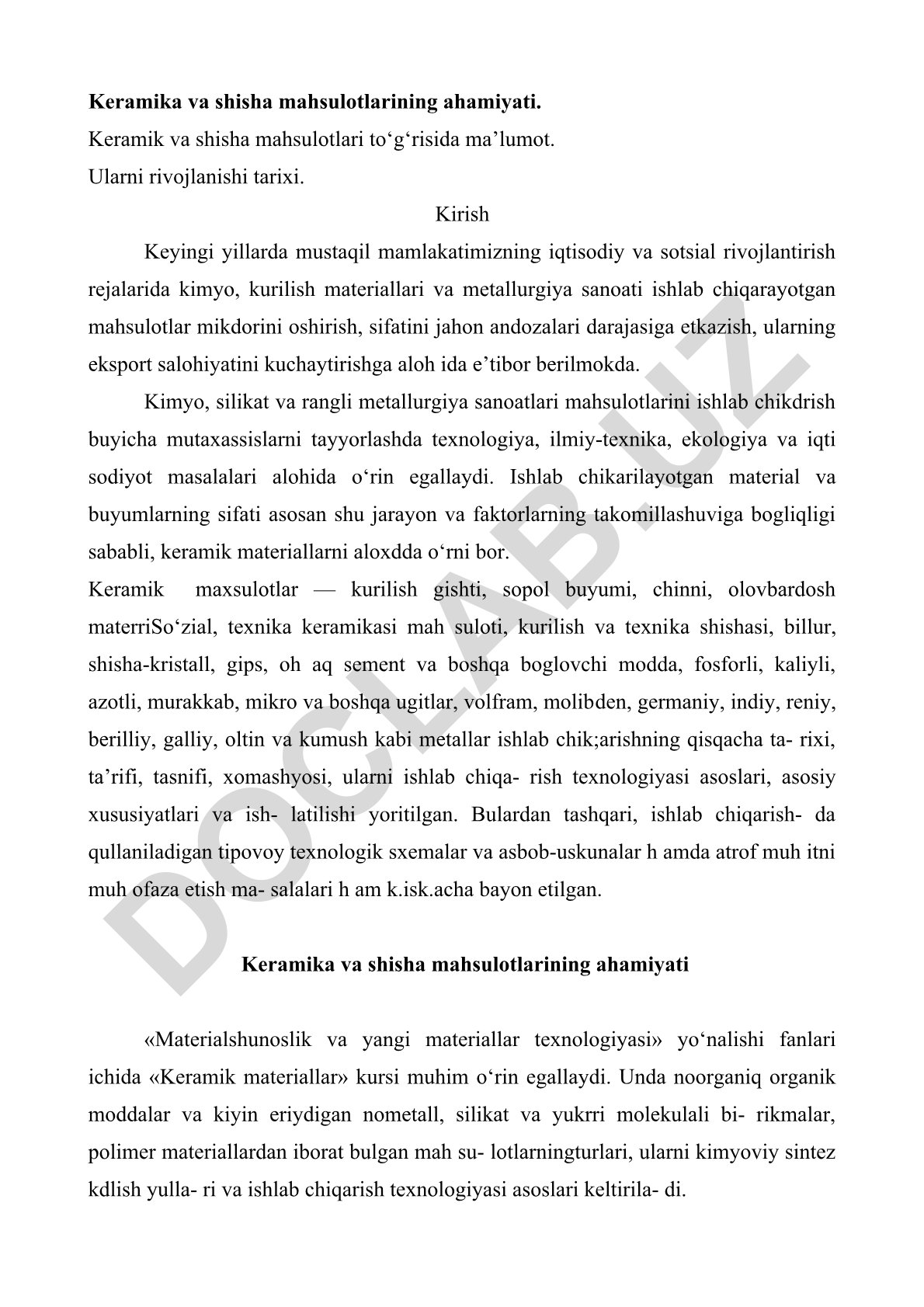 Keramika va shisha mahsulotlarining ahamiyati va rivojlanishi