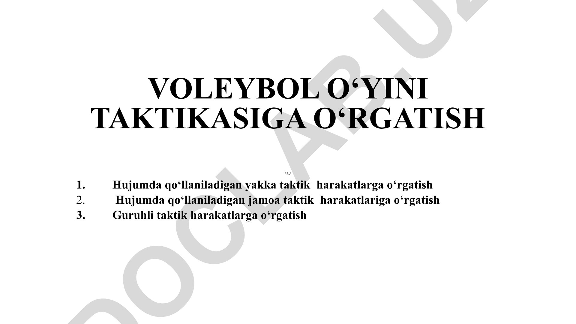 Voleybol o'yini taktikasiga o'rgatish reja