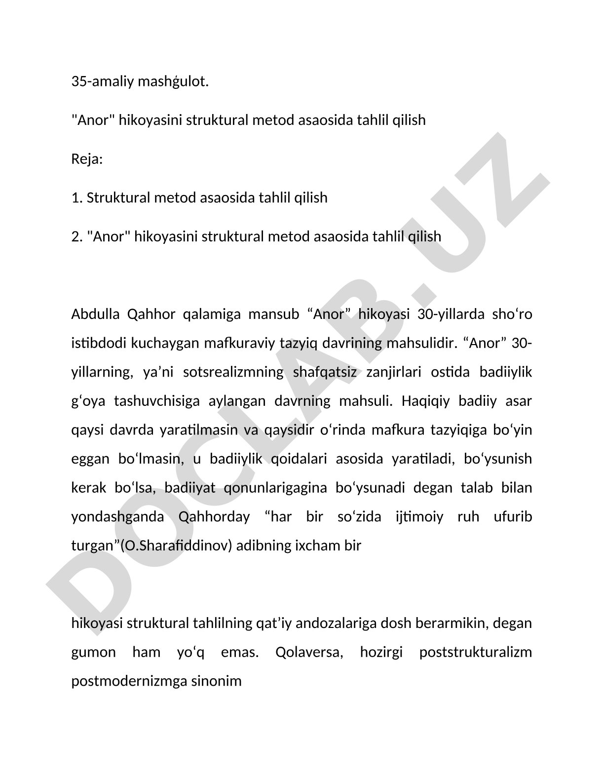 Anor hikoyasini struktural metod asosida tahlil qilish
