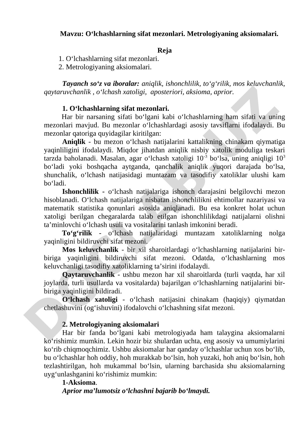 O‘lchashlarning sifat mezonlari. Metrologiyaning aksiomalari