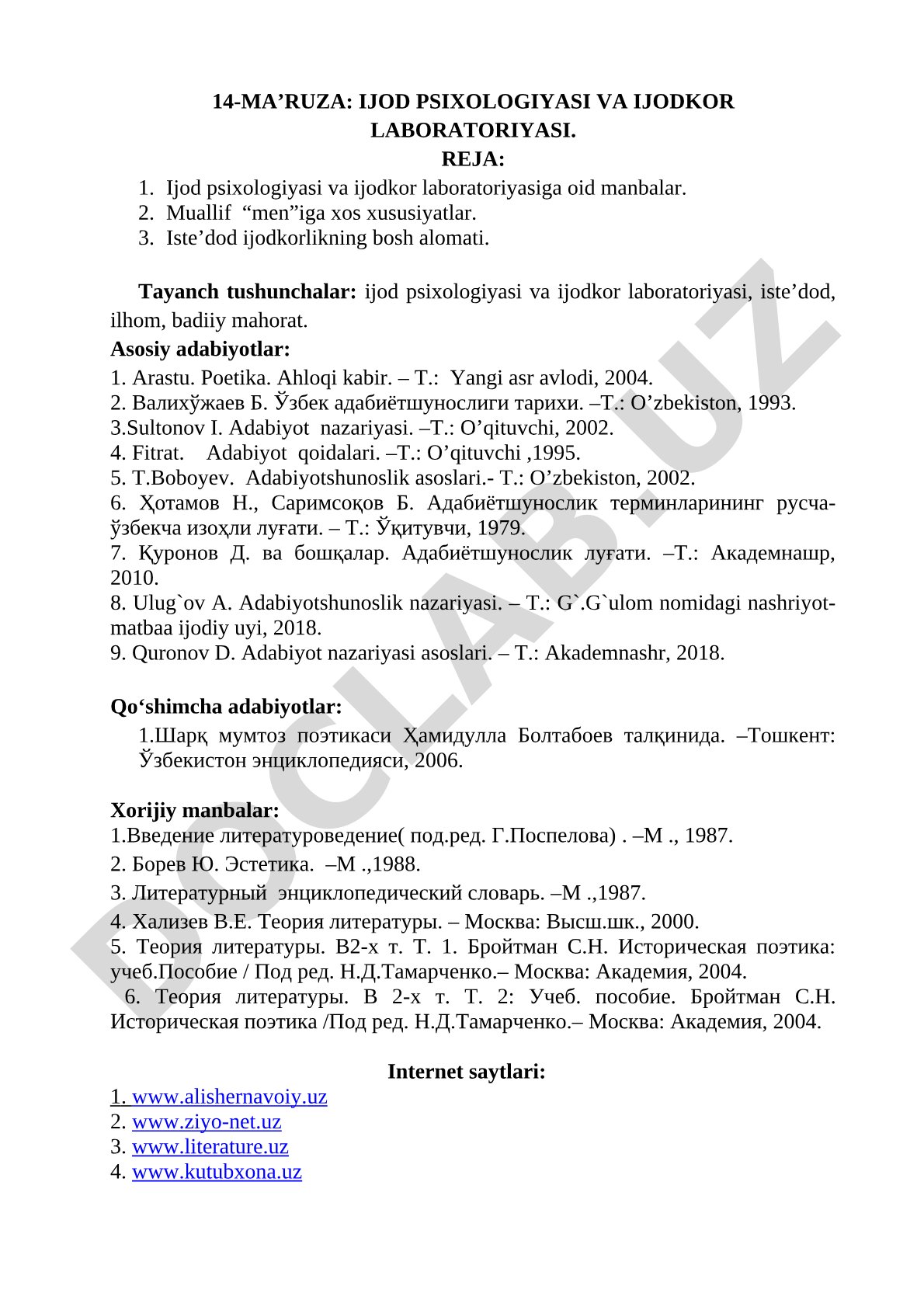 IJOD PSIXOLOGIYASI VA IJODKOR LABORATORIYASI
