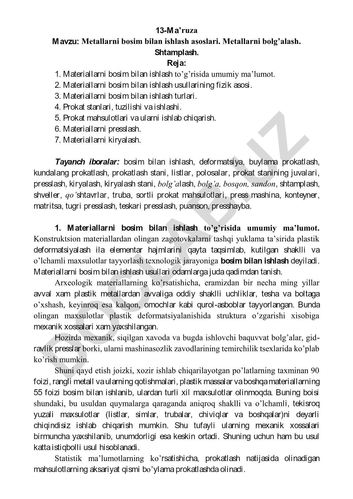 Metallarni bosim bilan ishlash asoslari va usullari