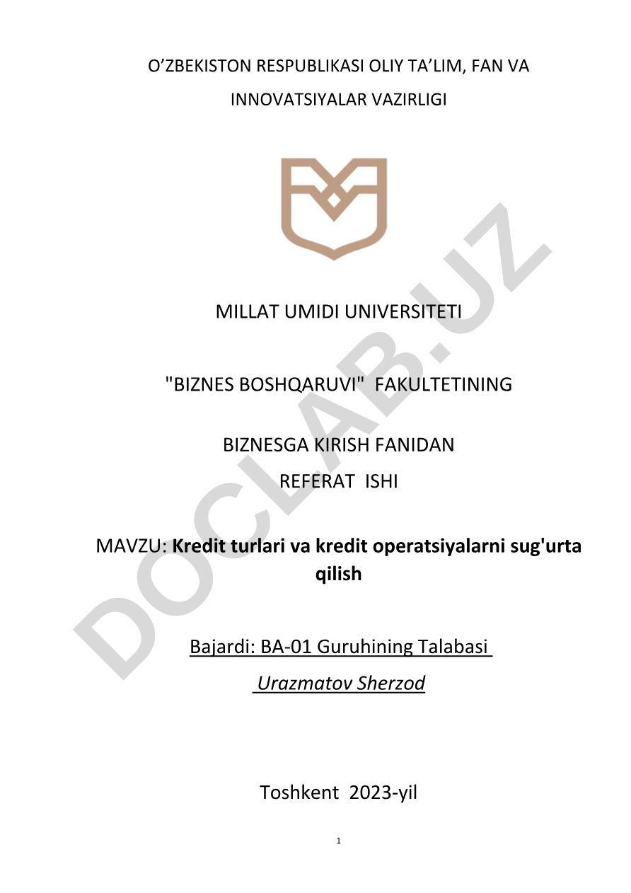 Kredit turlari va kredit operatsiyalarni sug'urta qilish