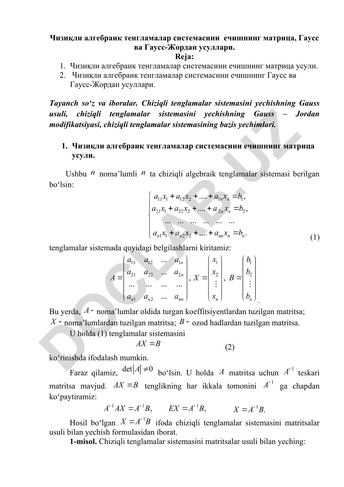 Chiziqli algebraik tenglamalar sistemasini yechishning matritsa, Gauss va Gauss-Jordan usullari