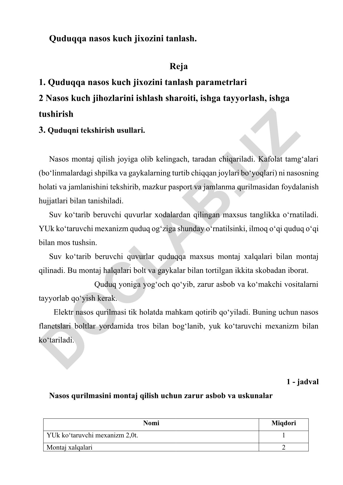 Quduqqa nasos kuch jixozini tanlash va montaj qilish