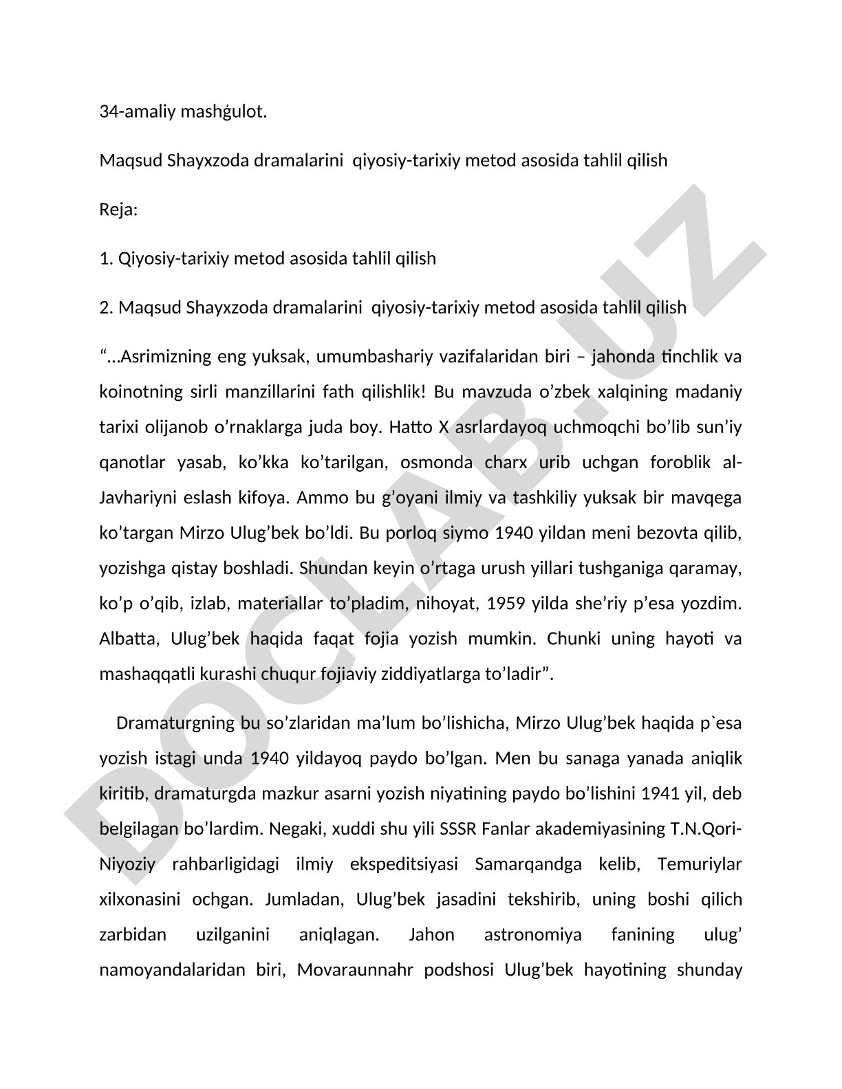 Maqsud Shayxzoda dramalarini qiyosiy-tarixiy metod asosida tahlil qilish