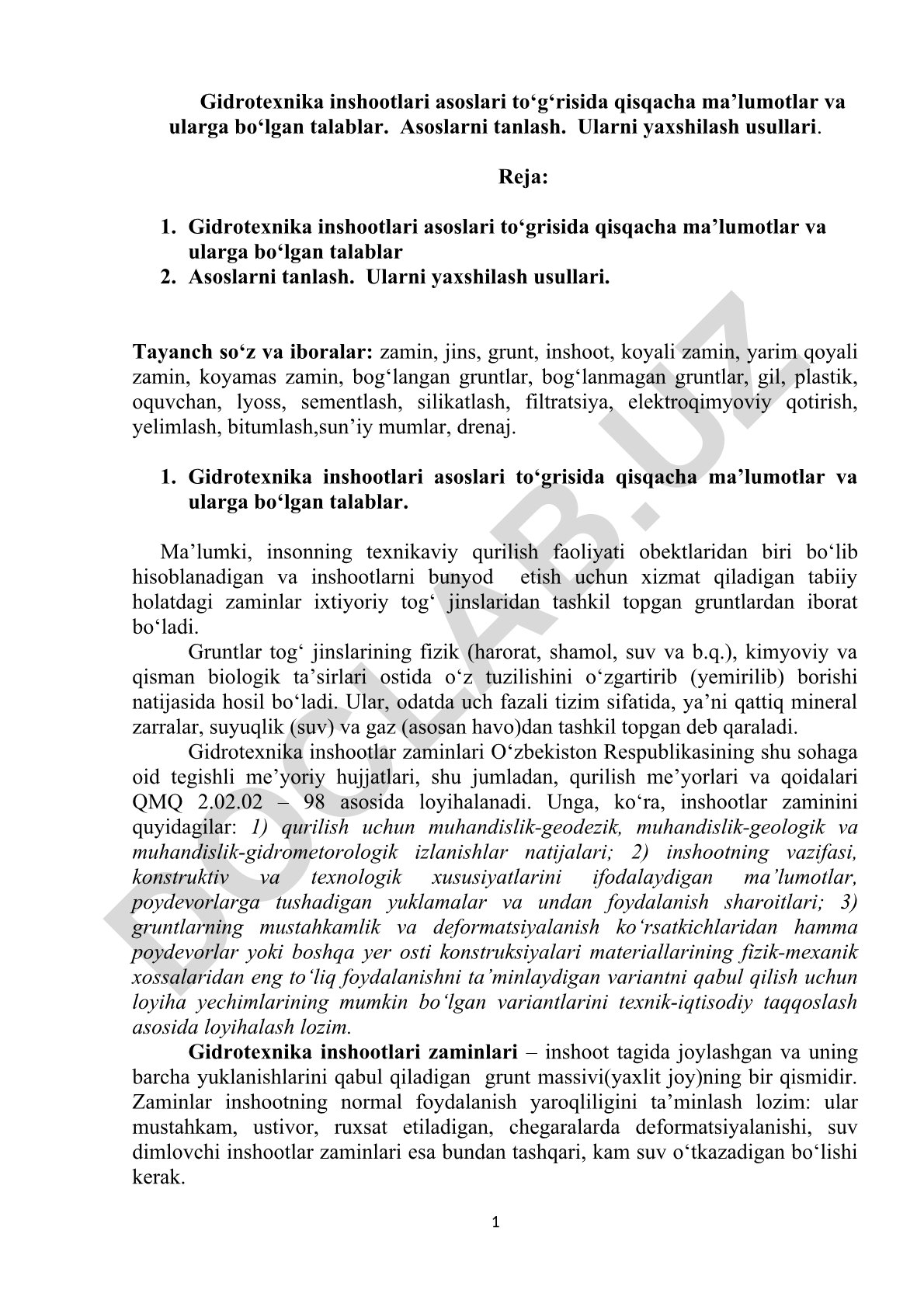 Gidrotexnika inshootlari asoslari va ularni yaxshilash usullari