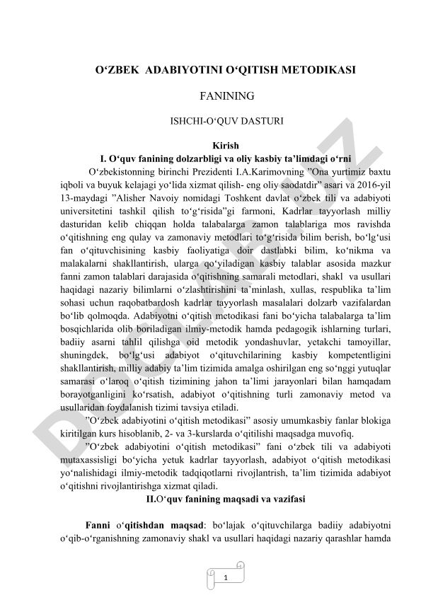 Oʻzbek adabiyotini oʻqitish metodikasi fani ishchi-oʻquv dasturi