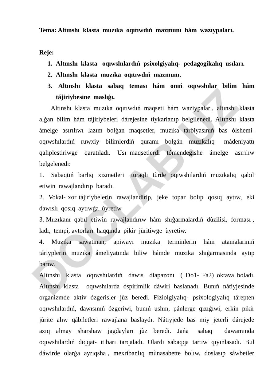 Altınshı klasta muzıka oqıtıwdıń mazmunı hám wazıypaları