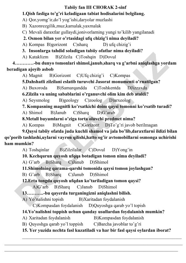Tabiiy fan III chorak 2-sinf test savollari