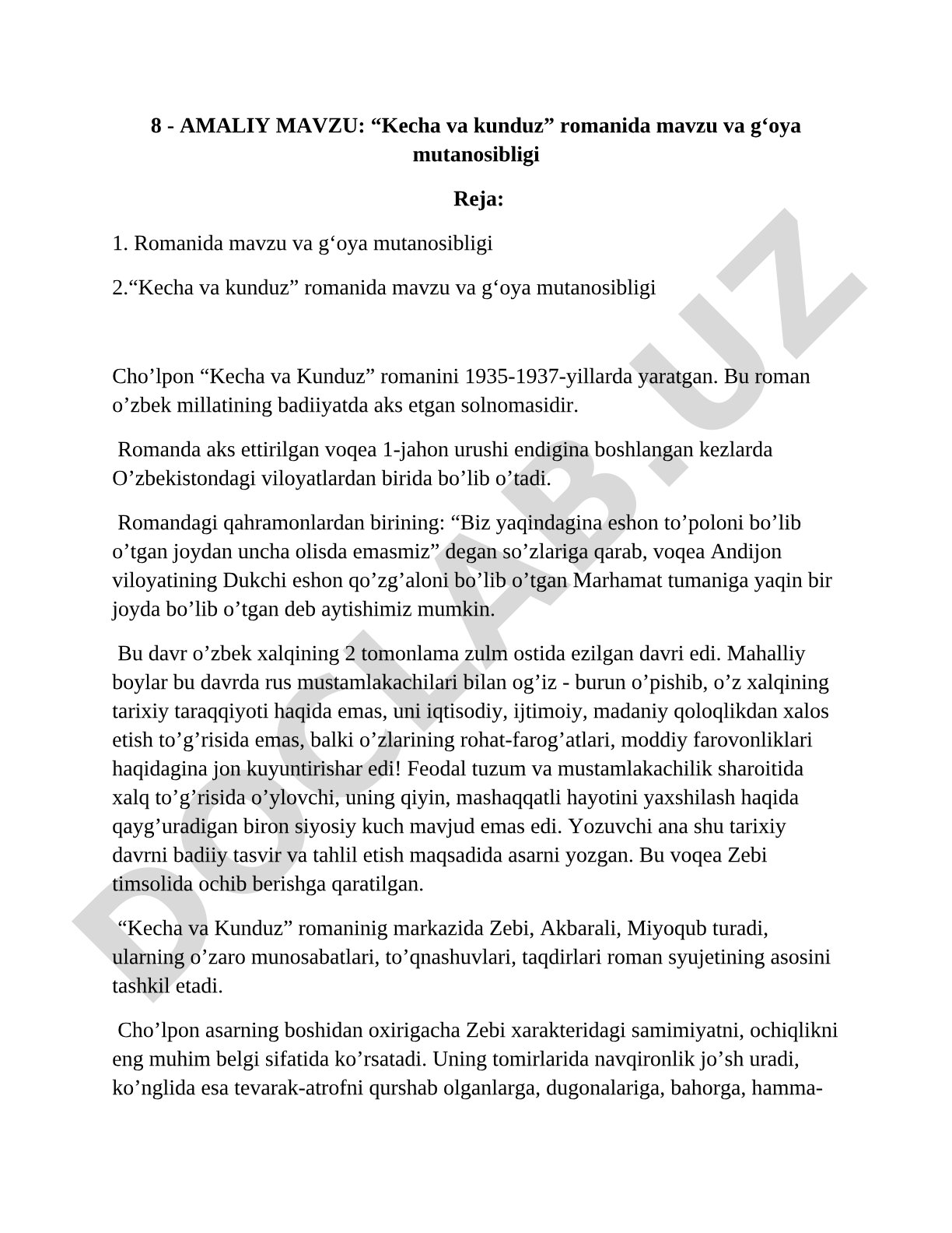 “Kеchа vа kunduz” rоmаnidа mаvzu vа g‘оya mutаnоsibligi