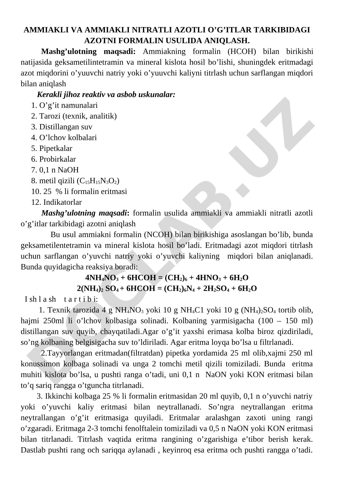 Ammiakli va ammiakli nitratli azotli o'g'itlar tarkibidagi azotni formalin usulida aniqlash