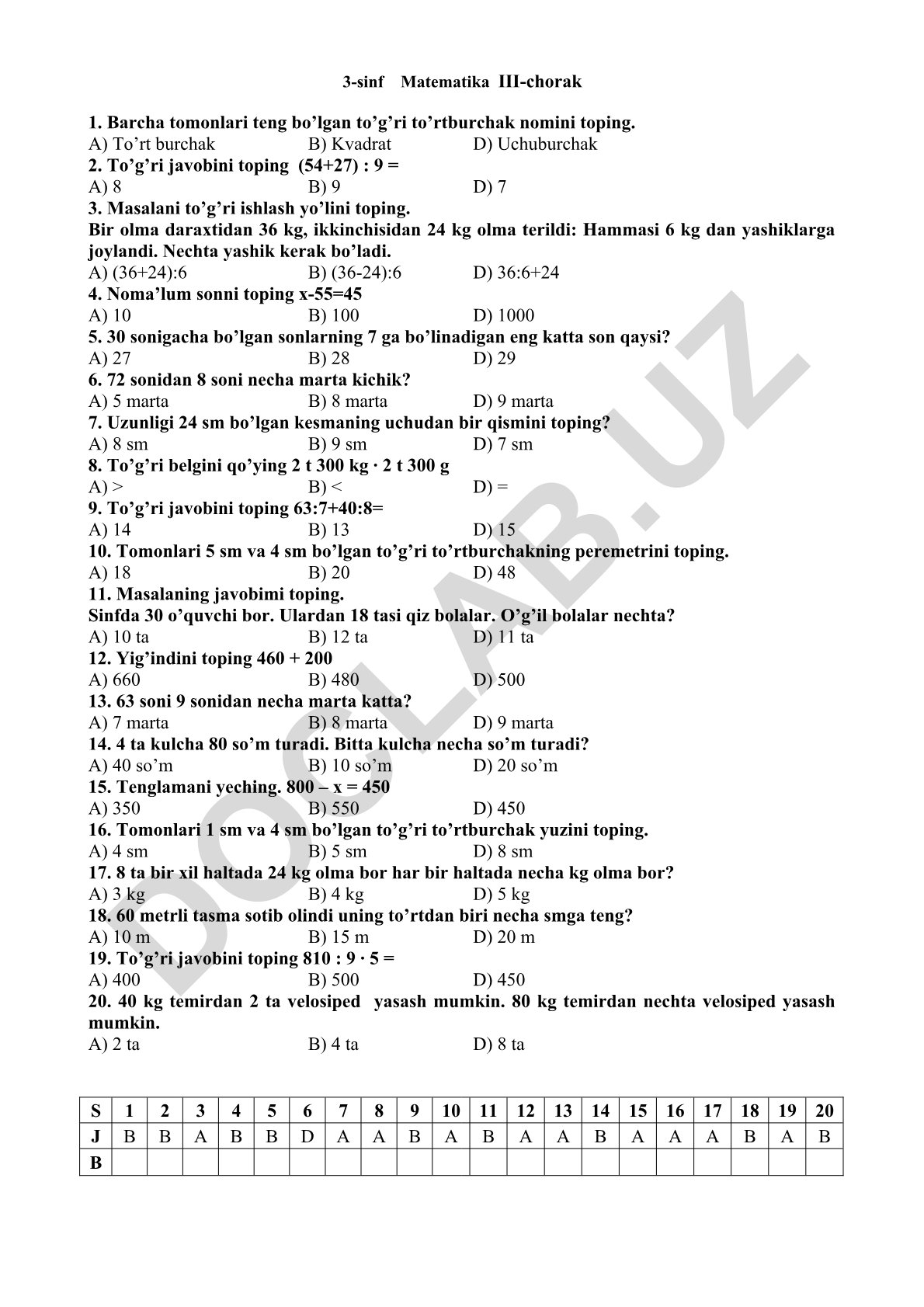 3-sinf Matematika III-chorak test savollari