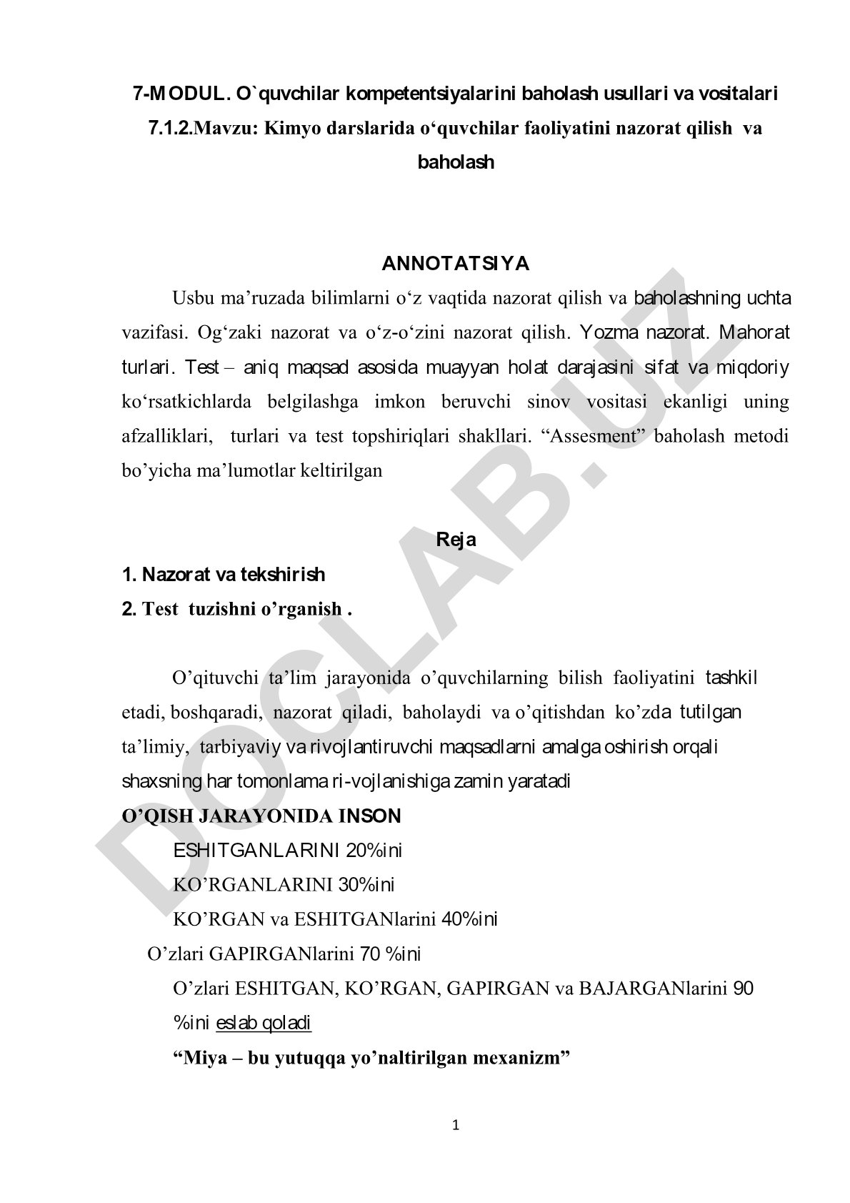 Kimyo darslarida o‘quvchilar faoliyatini nazorat qilish va baholash