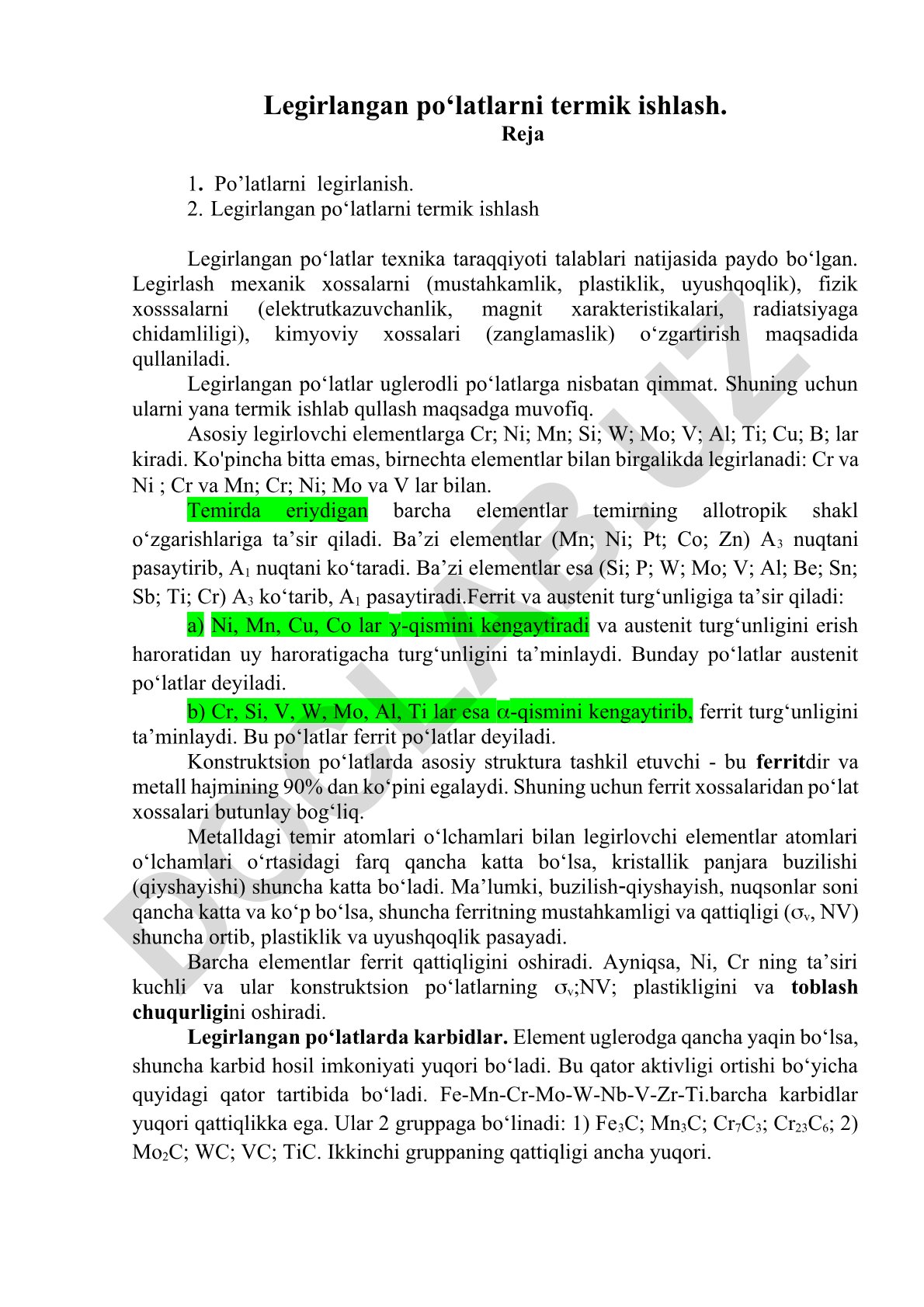 Legirlangan po‘latlarni termik ishlash