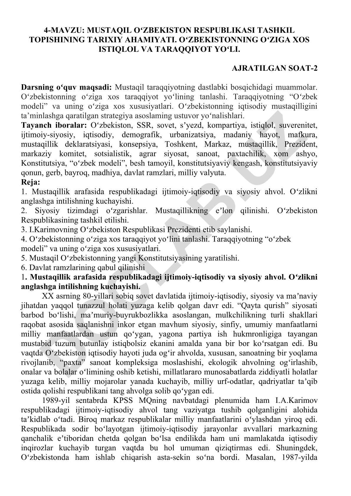 Mustaqil Oʻzbekiston Respublikasi tashkil topishining tarixiy ahamiyati va oʻziga xos istiqlol yoʻli