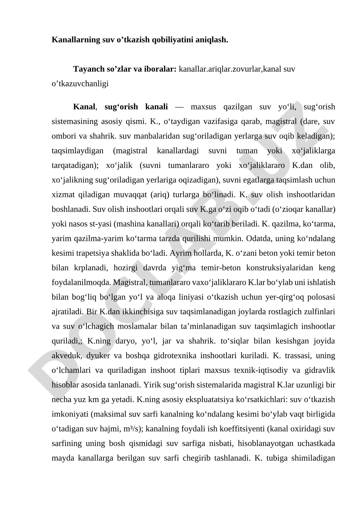 Kanallarning suv o'tkazish qobiliyatini aniqlash