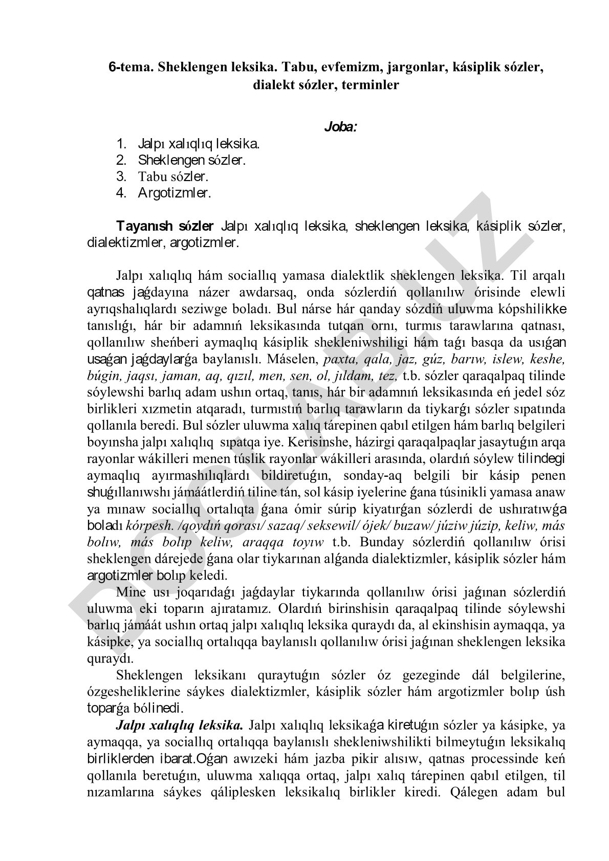 Sheklengen leksika: Tabu, evfemizm, jargonlar, kásiplik sózler, dialekt sózler, terminler