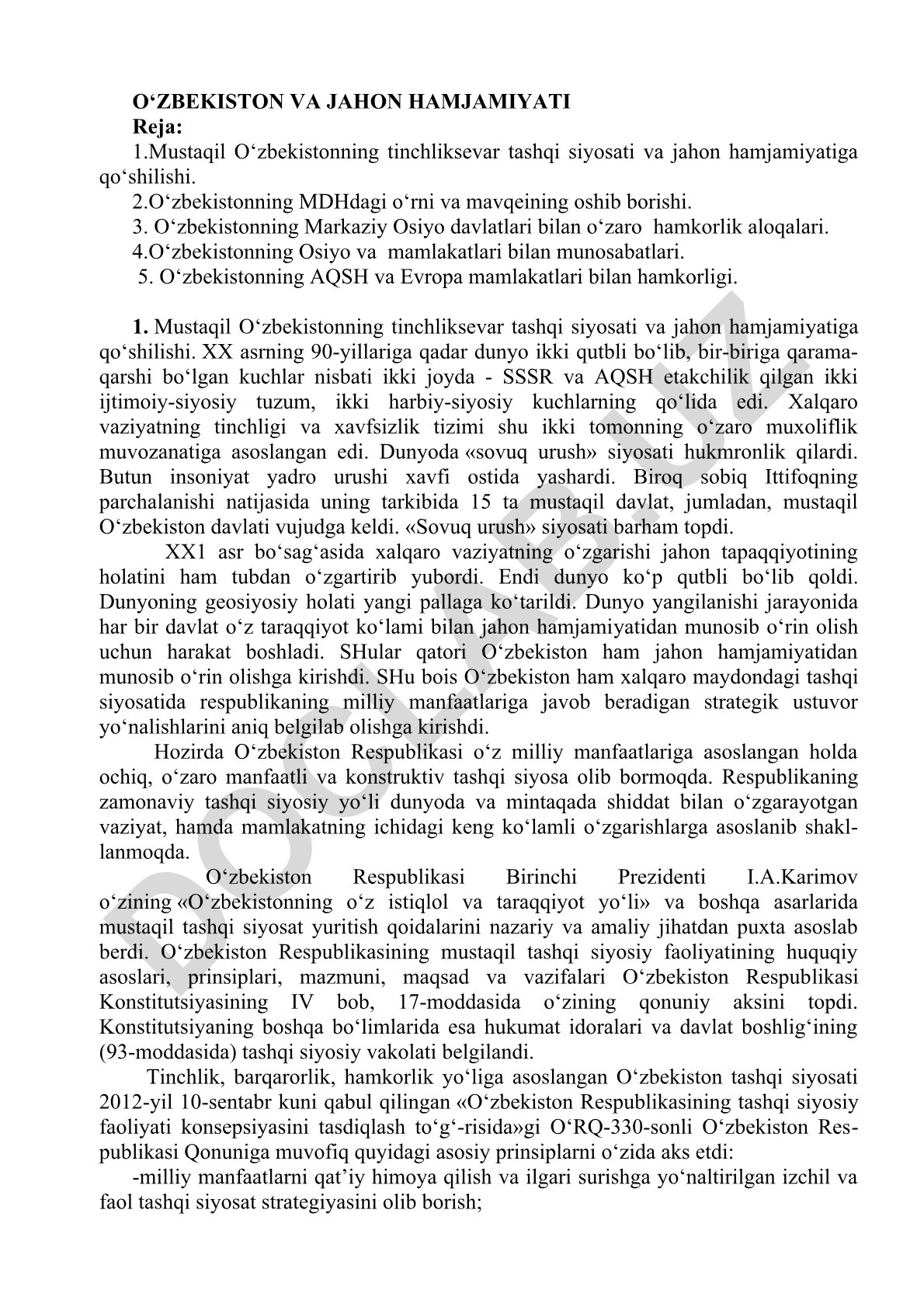 O‘zbekistonning tashqi siyosati va jahon hamjamiyatiga qo‘shilishi