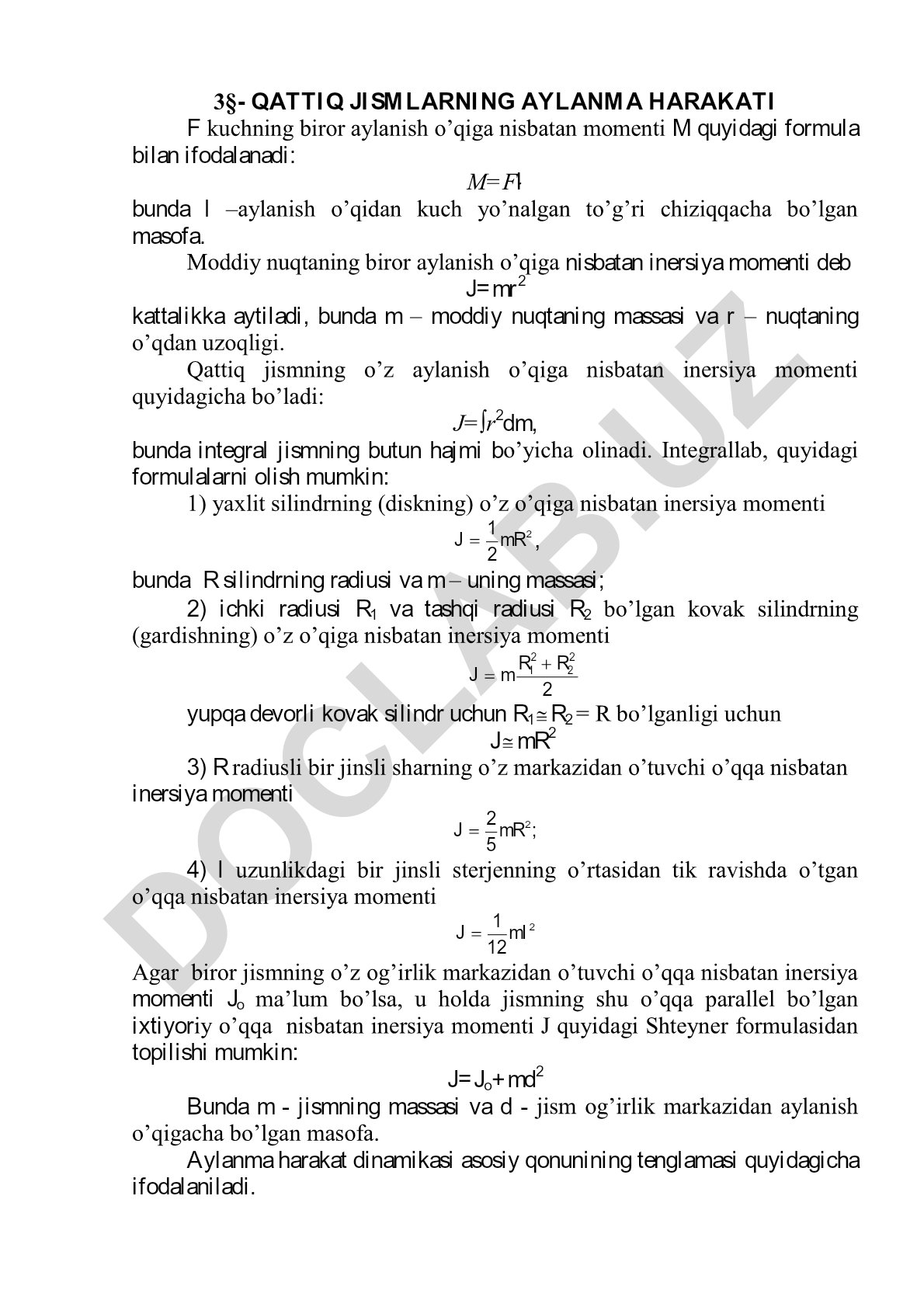 Qattiq jismlarning aylanma harakati va inersiya momentlari