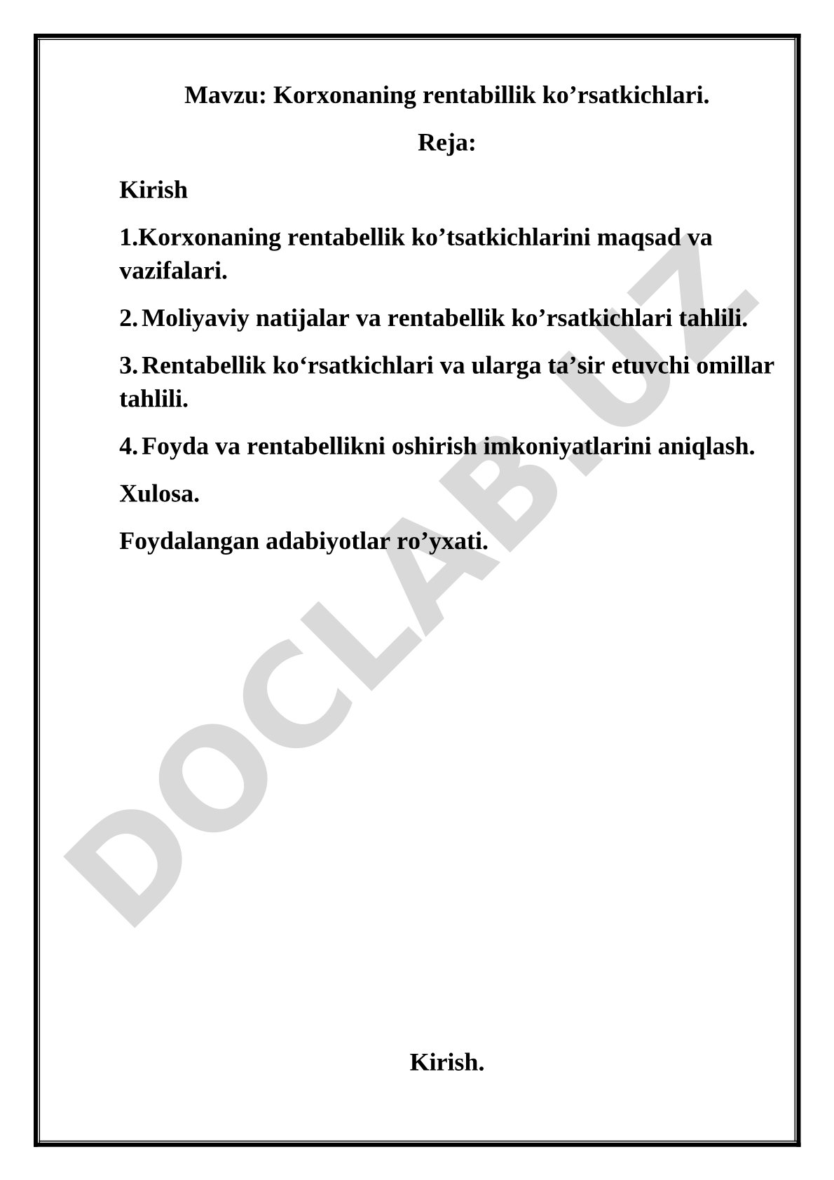 Korxonaning rentabillik ko’rsatkichlari