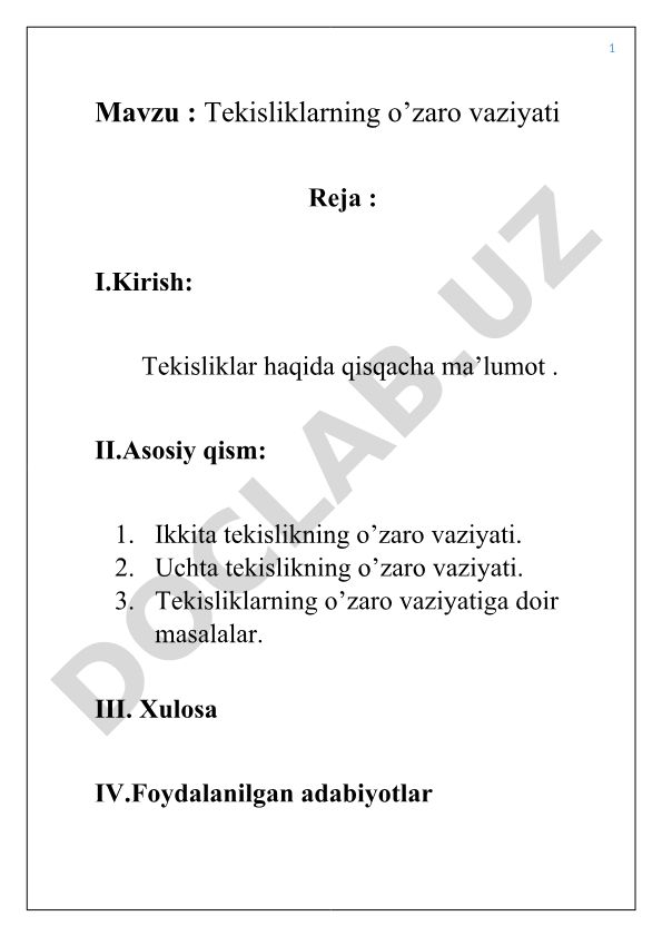 Tekisliklarning o’zaro vaziyati