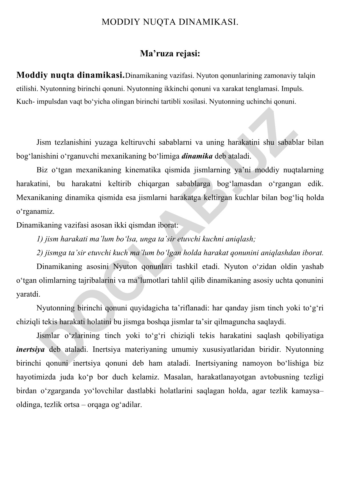 Moddiy nuqta dinamikasi va Nyuton qonunlari