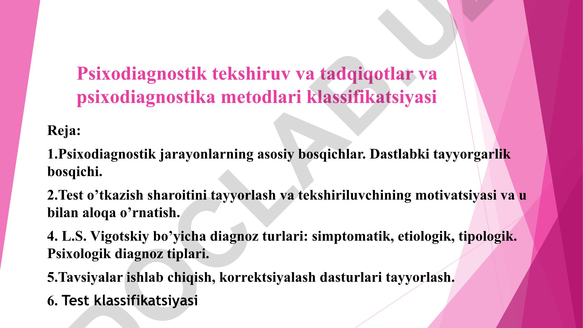 Psixodiagnostik jarayonlar va test klassifikatsiyasi