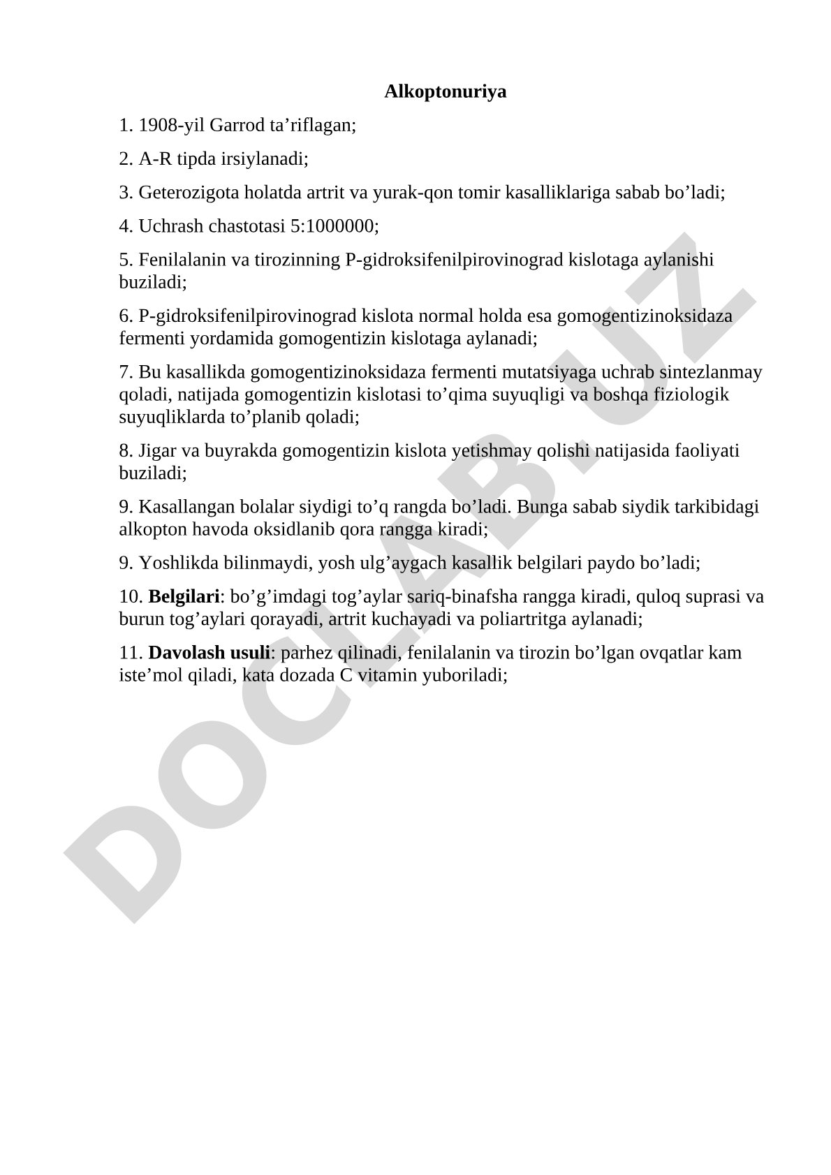 Alkoptonuriya kasalligi: sabablari, belgilari va davolash