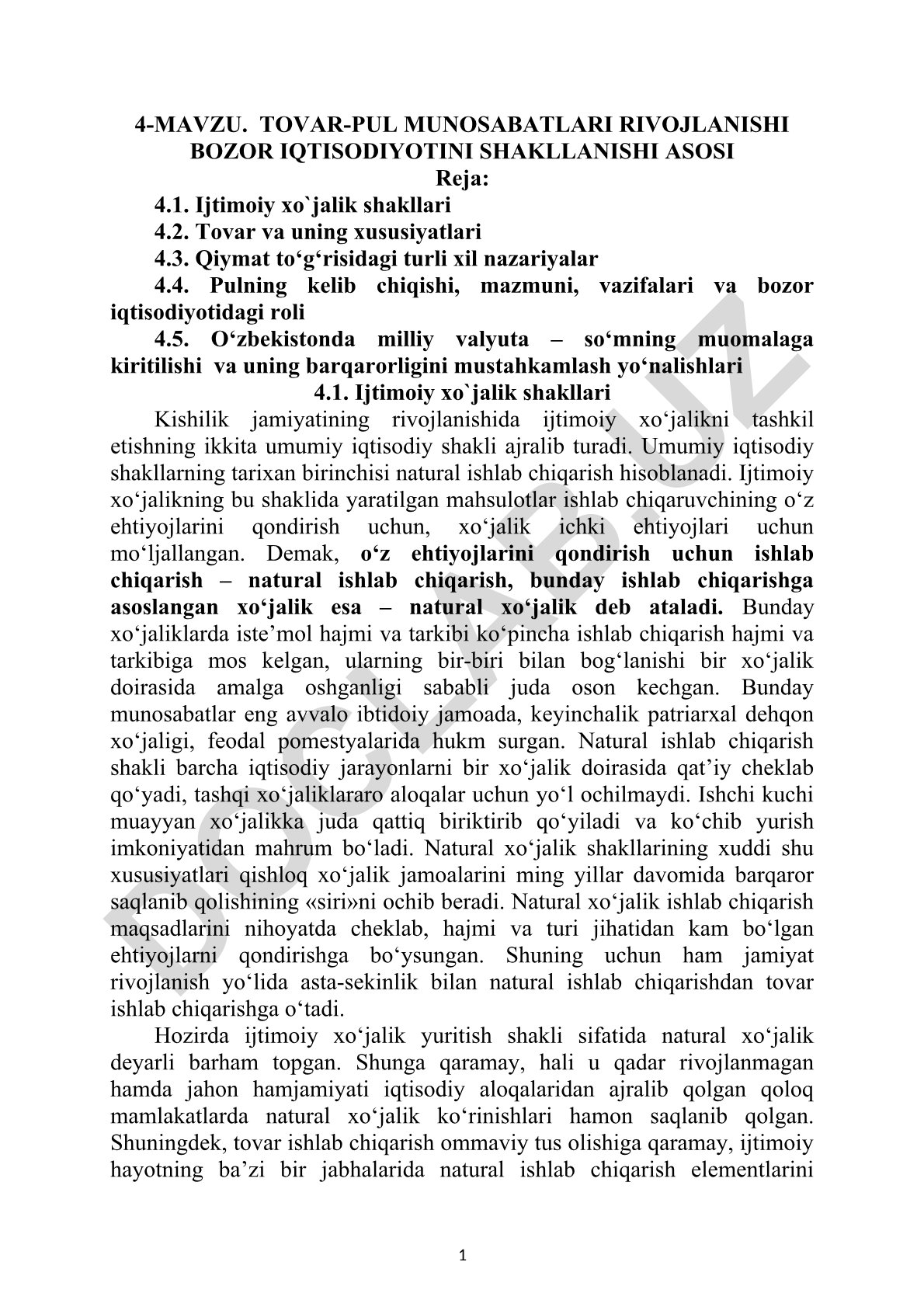 Tovar-pul munosabatlari rivojlanishi bozor iqtisodiyotini shakllanishi asosi
