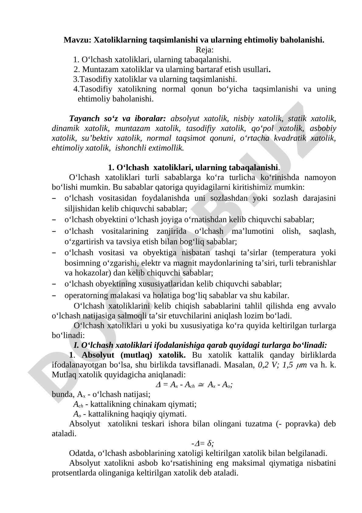 Xatoliklarning taqsimlanishi va ularning ehtimoliy baholanishi
