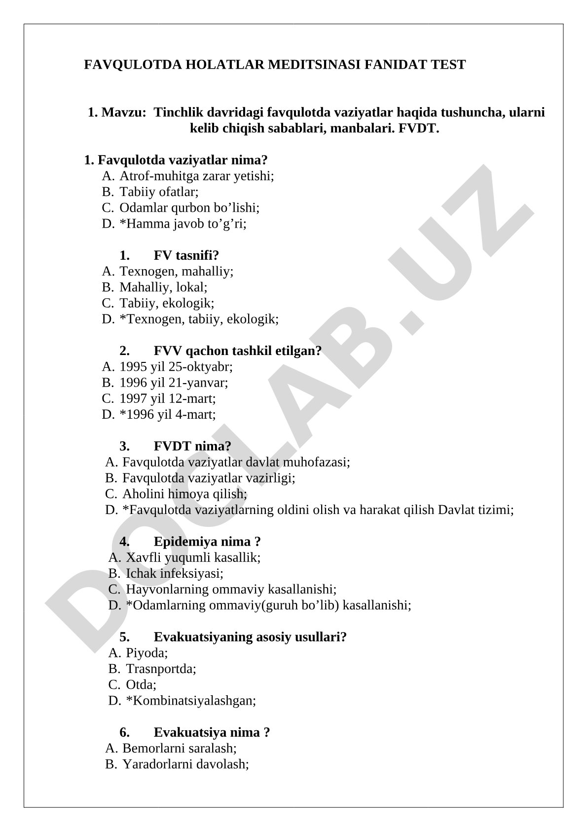Tinchlik davridagi favqulotda vaziyatlar haqida tushuncha, ularni kelib chiqish sabablari, manbalari