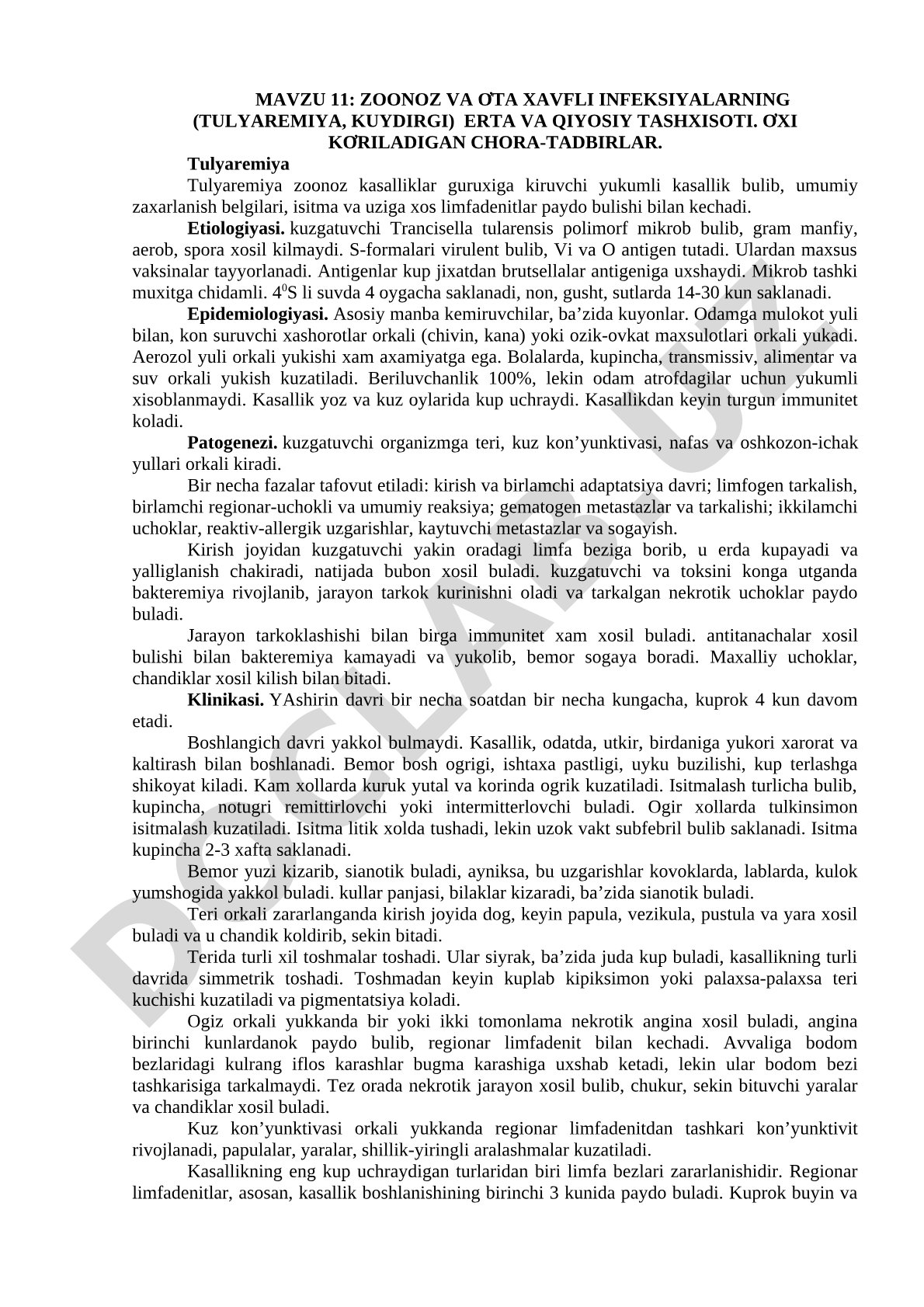 Zoonoz va o'ta xavfli infeksiyalarning (tulyaremiya, kuydirgi) erta va qiyosiy tashxisoti. O'xi ko'riladigan chora-tadbirlar