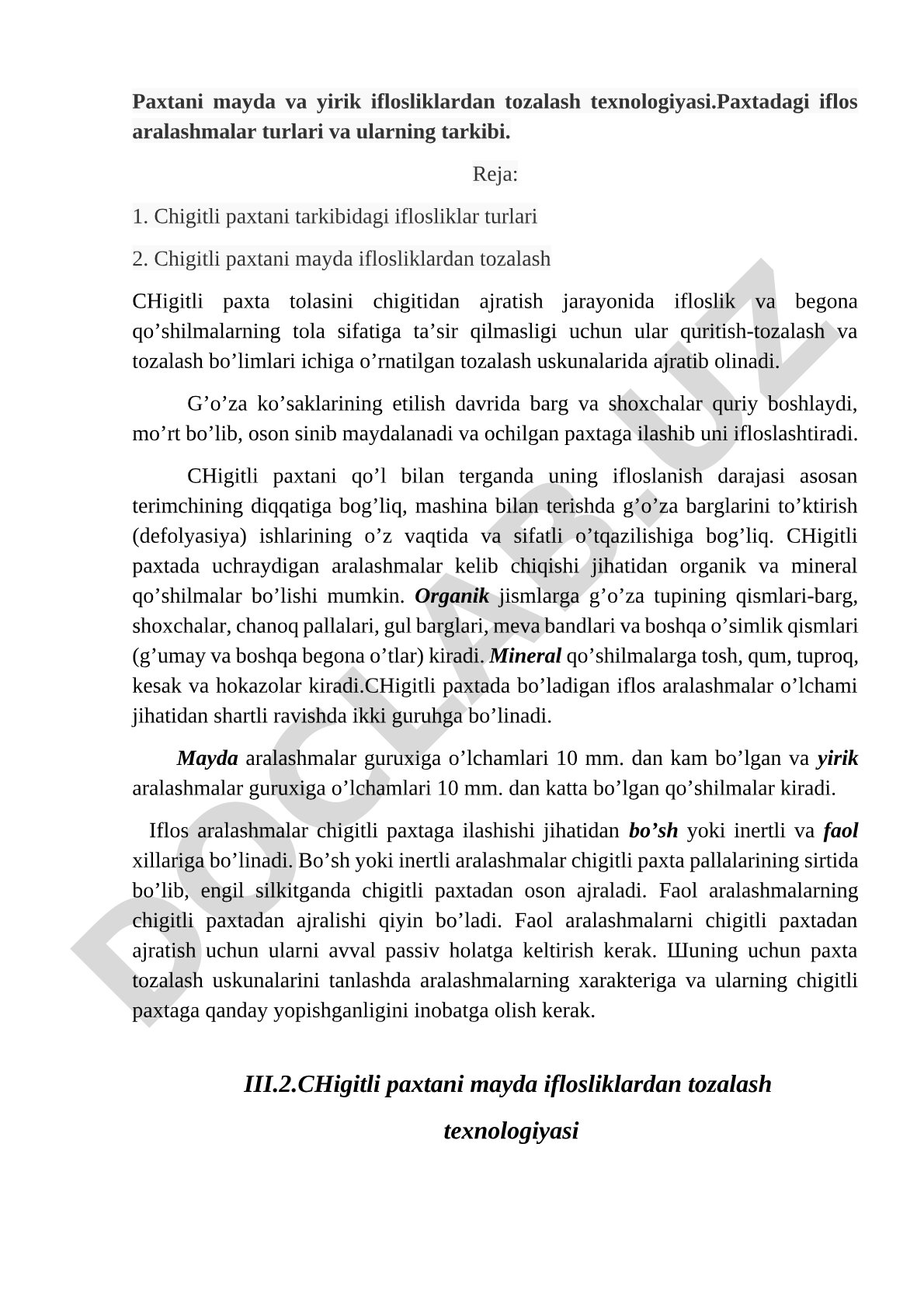 Paxtani mayda va yirik iflosliklardan tozalash texnologiyasi