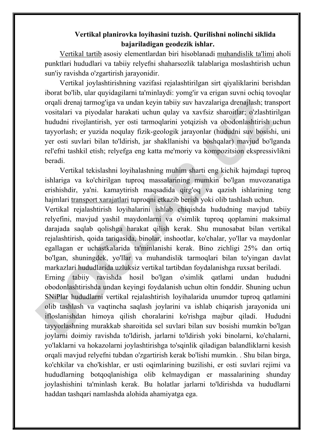 Vertikal planirovka loyihasini tuzish va geodezik ishlar