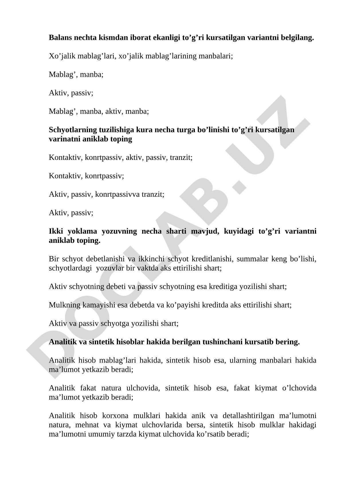 Balans tuzilishi va schyotlar tasnifi