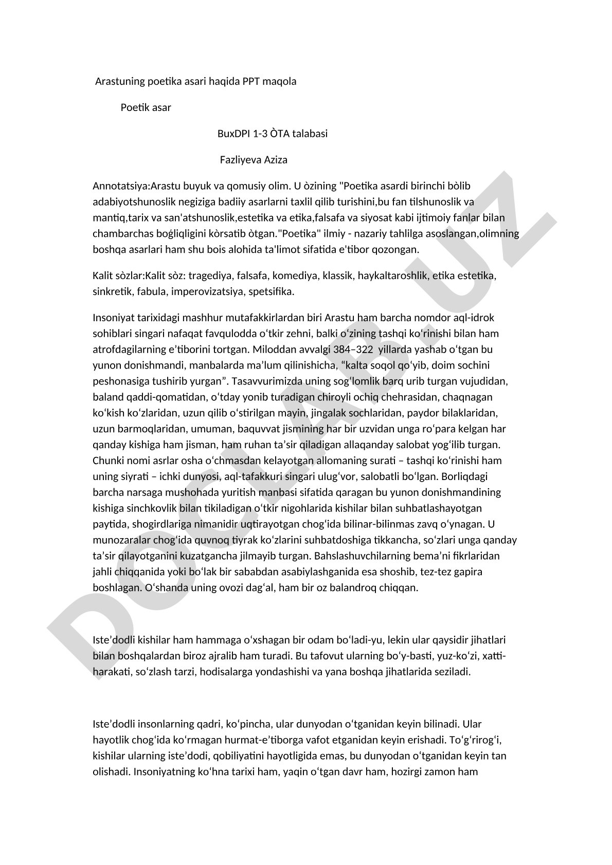 Arastuning 'Poetika' asari tahlili