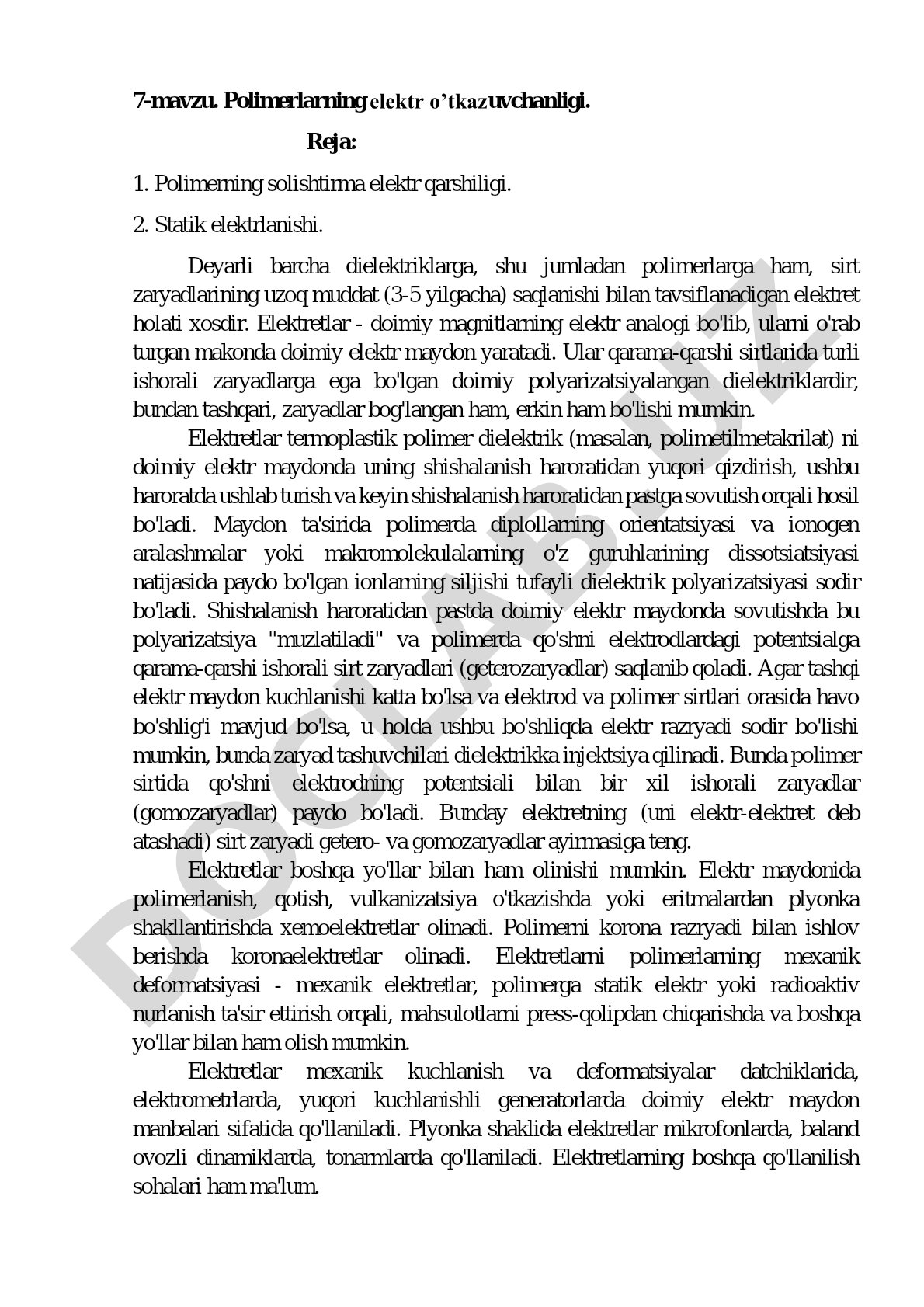 Polimerlarning elektr o’tkazuvchanligi