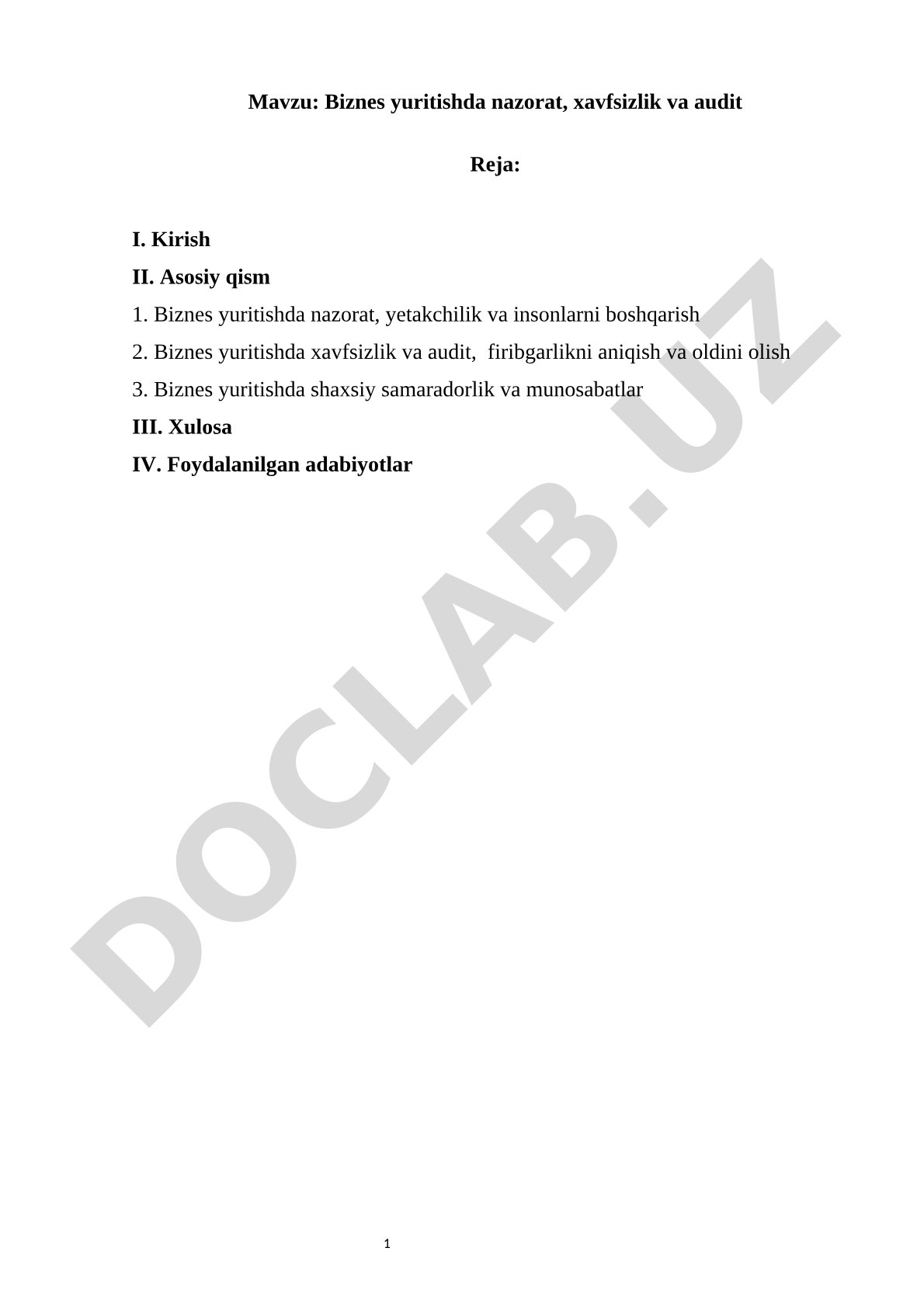 Biznes yuritishda nazorat, xavfsizlik va audit