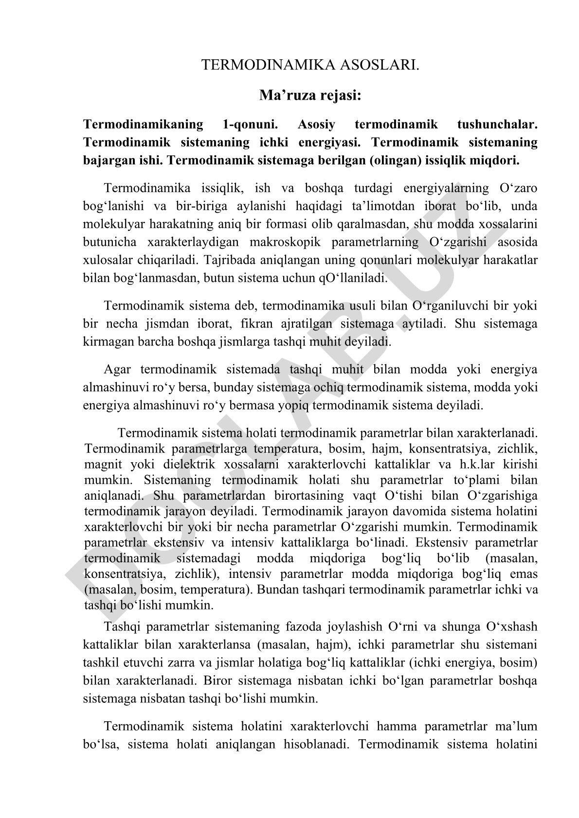Termodinamika asoslari va birinchi qonuni