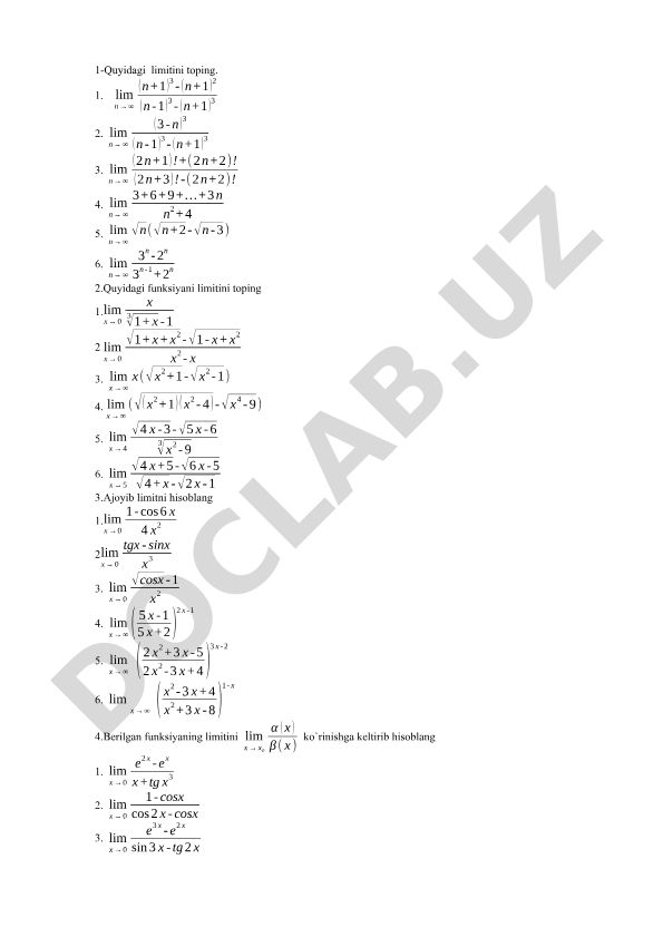 Matematik funksiyalar limitlari va hosilalari