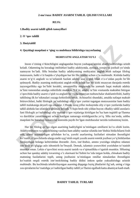 Badiiy asarni tahlil qilish usullari