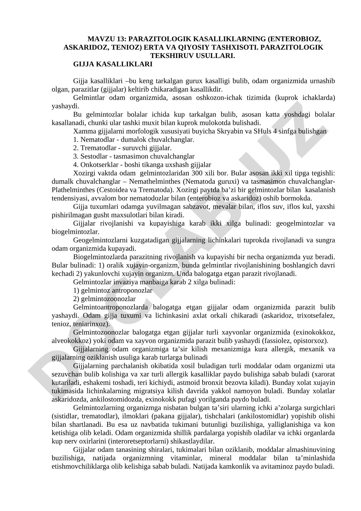 Parazitologik kasalliklarning (enterobioz, askaridoz, tenioz) erta va qiyosiy tashxisoti