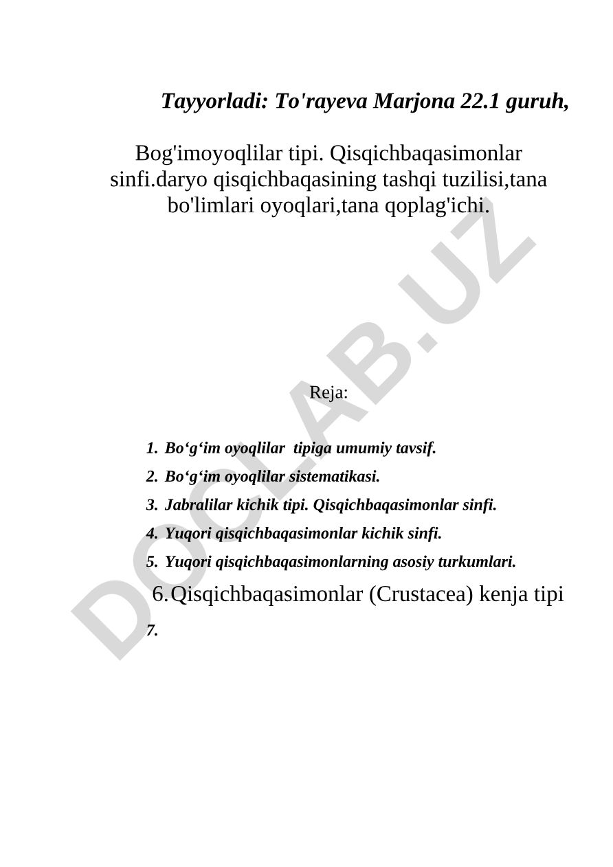 Bog'imoyoqlilar tipi va qisqichbaqasimonlar sinfi tashqi tuzilishi