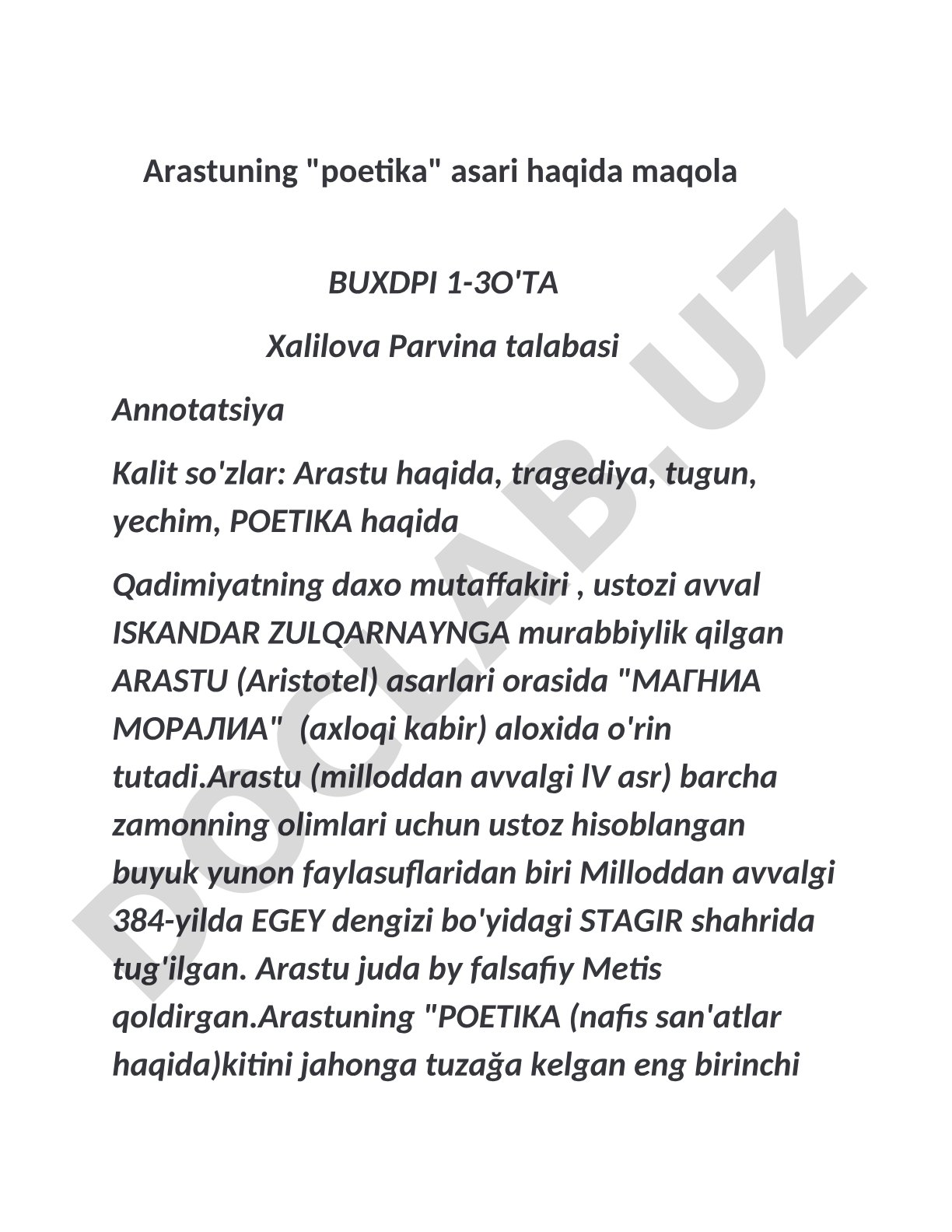 Arastuning 'Poetika' asarida tragediya va komediya tahlili