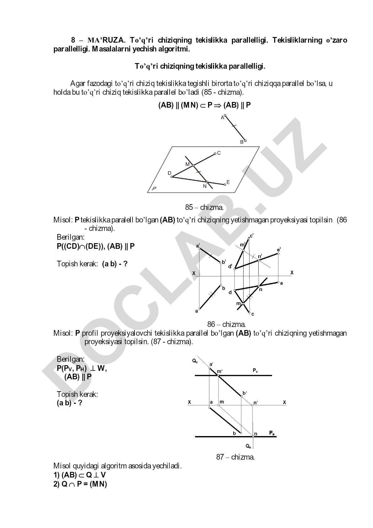 To'g'ri chiziqning tekislikka parallelligi va tekisliklarning o'zaro parallelligi