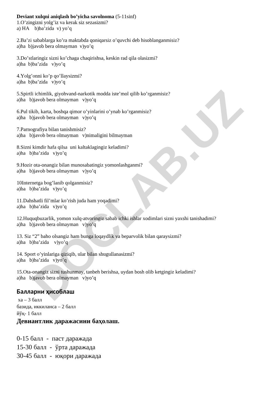 Deviant xulqni aniqlash bo'yicha savolnoma (5-11 sinf)